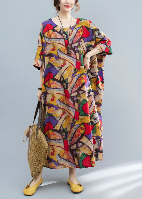 O-neck Print Pockets Vacation Dress Summer