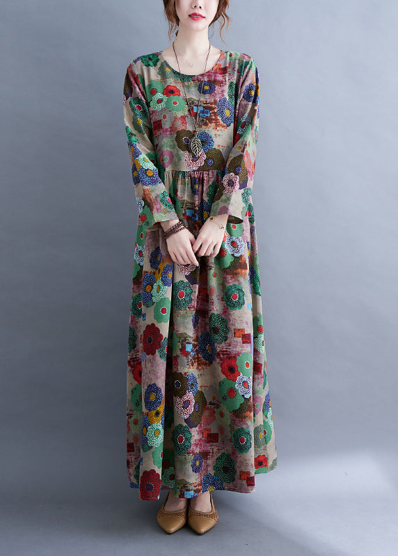O-neck Print Wrinkled Extra Large Hem Long Dress Spring