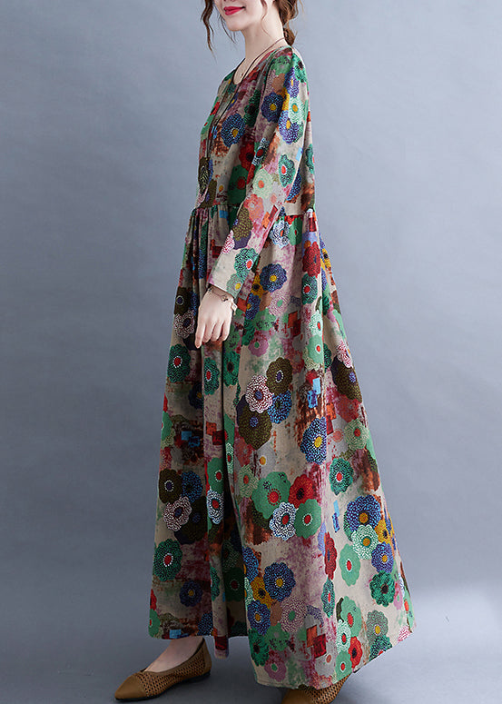 O-neck Print Wrinkled Extra Large Hem Long Dress Spring