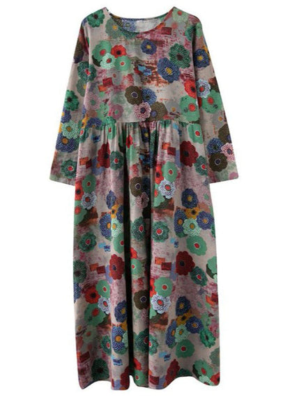 O-neck Print Wrinkled Extra Large Hem Long Dress Spring