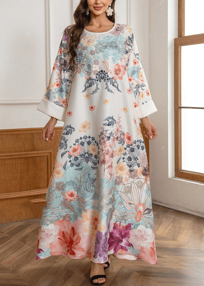 O-neck Print Zircon Maxi Dresses Fall