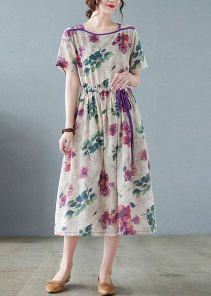 O-neck Print Wrinkled Linen Long Dress Short Sleeve