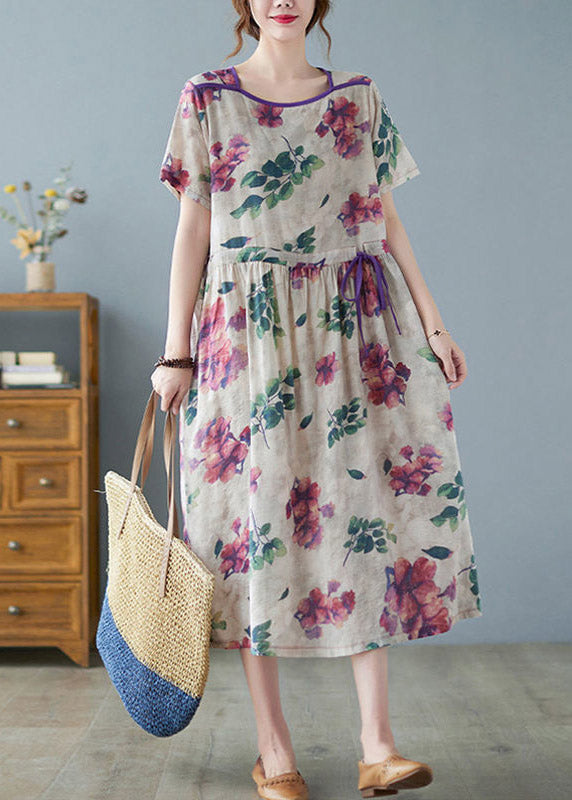 O-neck Print Wrinkled Linen Long Dress Short Sleeve