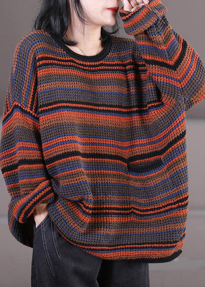 O-neck Thick Striped Pockets Knit Sweater Long Sleeve