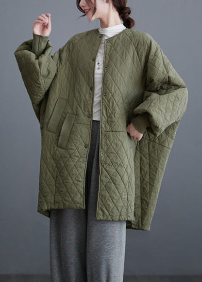 Olive Green Button Pockets Cotton Filled Parka Batwing Sleeve