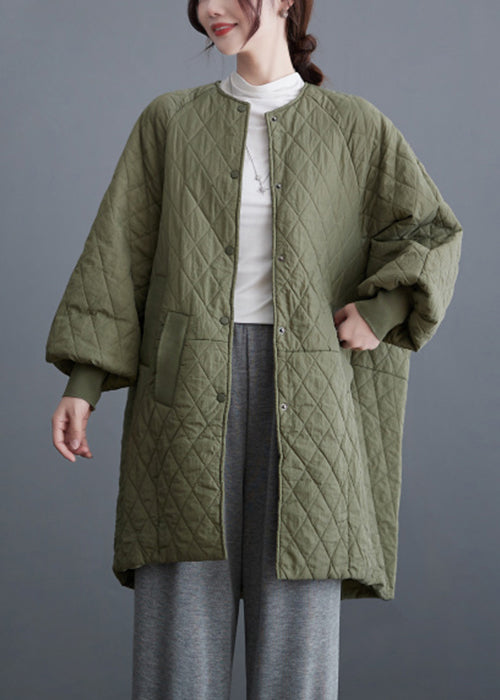 Olive Green Button Pockets Cotton Filled Parka Batwing Sleeve