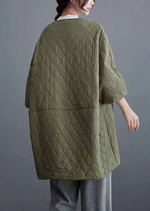 Olive Green Button Pockets Cotton Filled Parka Batwing Sleeve
