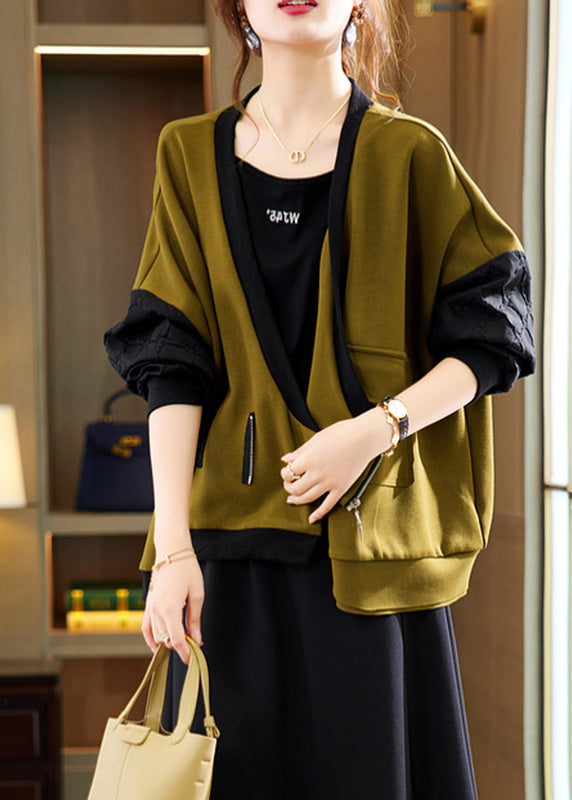 Olive Green V Neck Zippered Patchwork Coat Spring