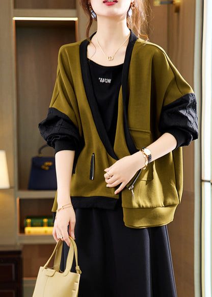 Olive Green V Neck Zippered Patchwork Coat Spring