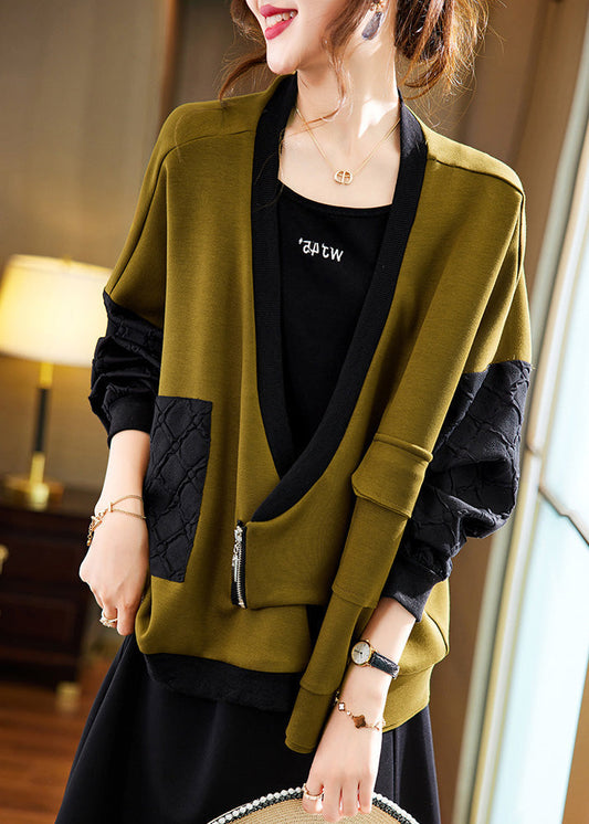 Olive Green V Neck Zippered Patchwork Coat Spring