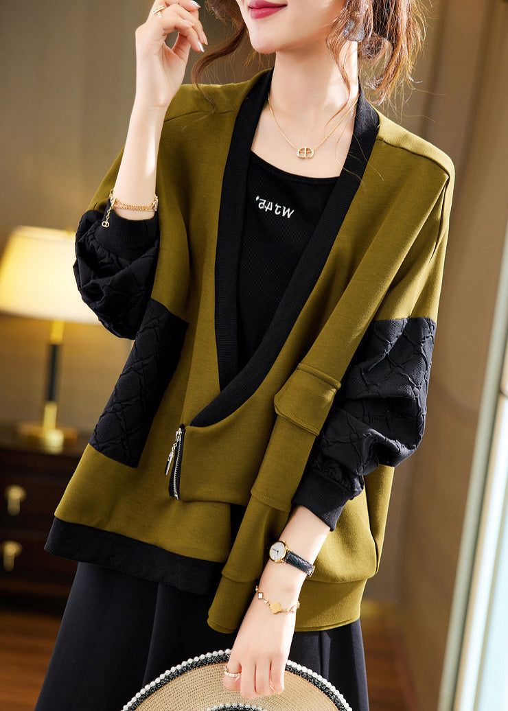 Olive Green V Neck Zippered Patchwork Coat Spring