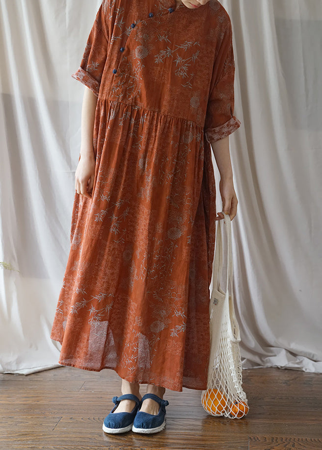 Orange Button Wrinkled Cotton Long Dress Half Sleeve