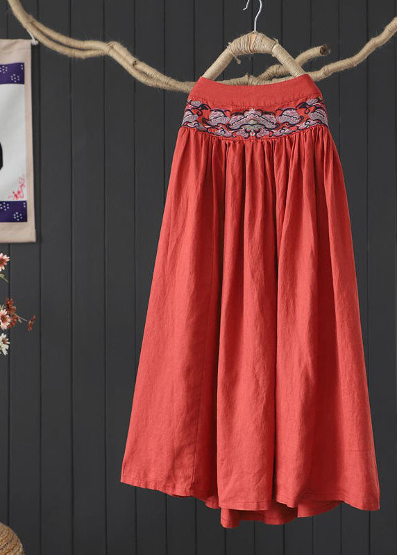 Orange Cinched Embroideried Linen Skirt Spring