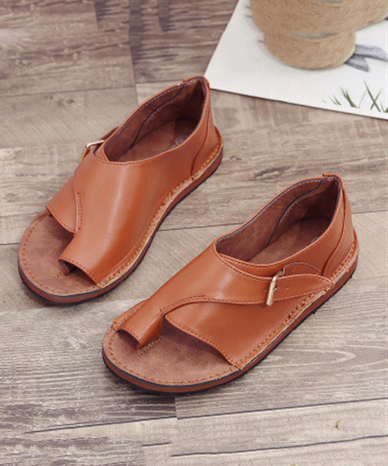 Orange Cowhide Splicing Leather Flat Sandals