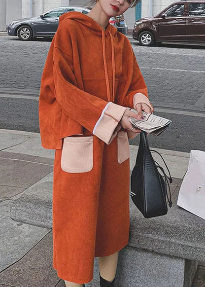 Orange Drawstring Patchwork Pullover and Crop Pants Two Pieces Set Long Sleeve