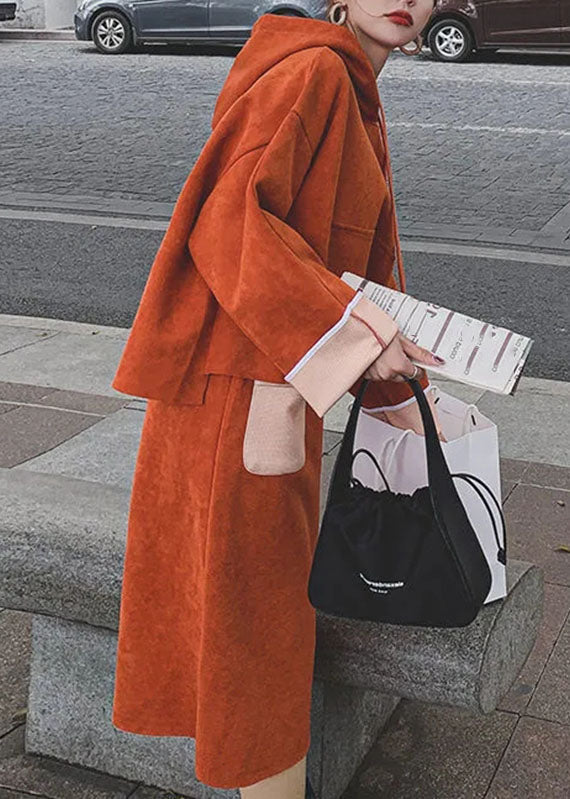 Orange Drawstring Patchwork Pullover and Crop Pants Two Pieces Set Long Sleeve
