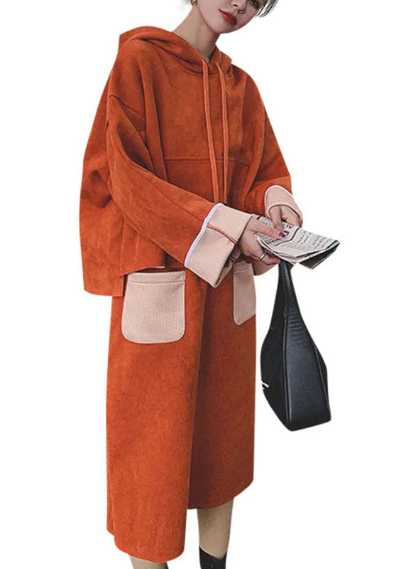 Orange Drawstring Patchwork Pullover and Crop Pants Two Pieces Set Long Sleeve