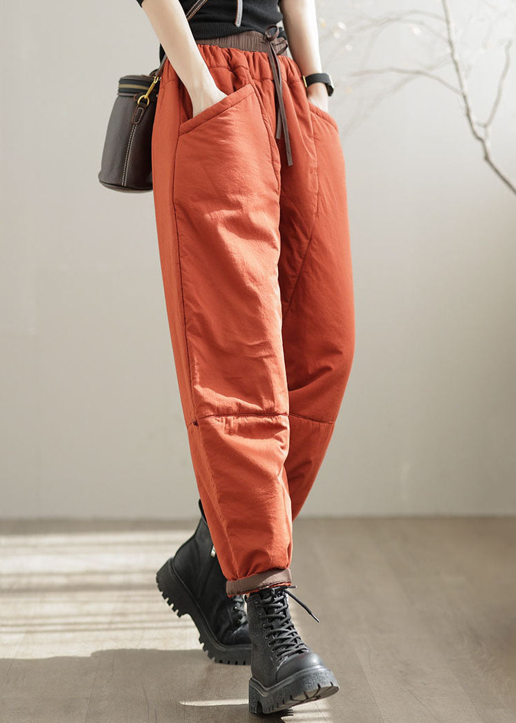 Orange Elastic Waist Pockets Patchwork Fine Cotton Filled Pants Winter