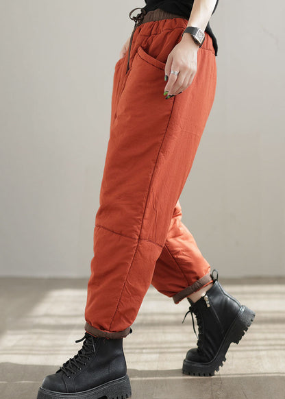 Orange Elastic Waist Pockets Patchwork Fine Cotton Filled Pants Winter