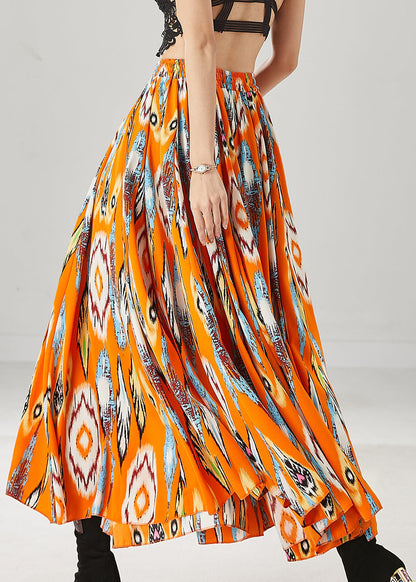 Orange Elastic Waist Print Chiffon Skirt Spring