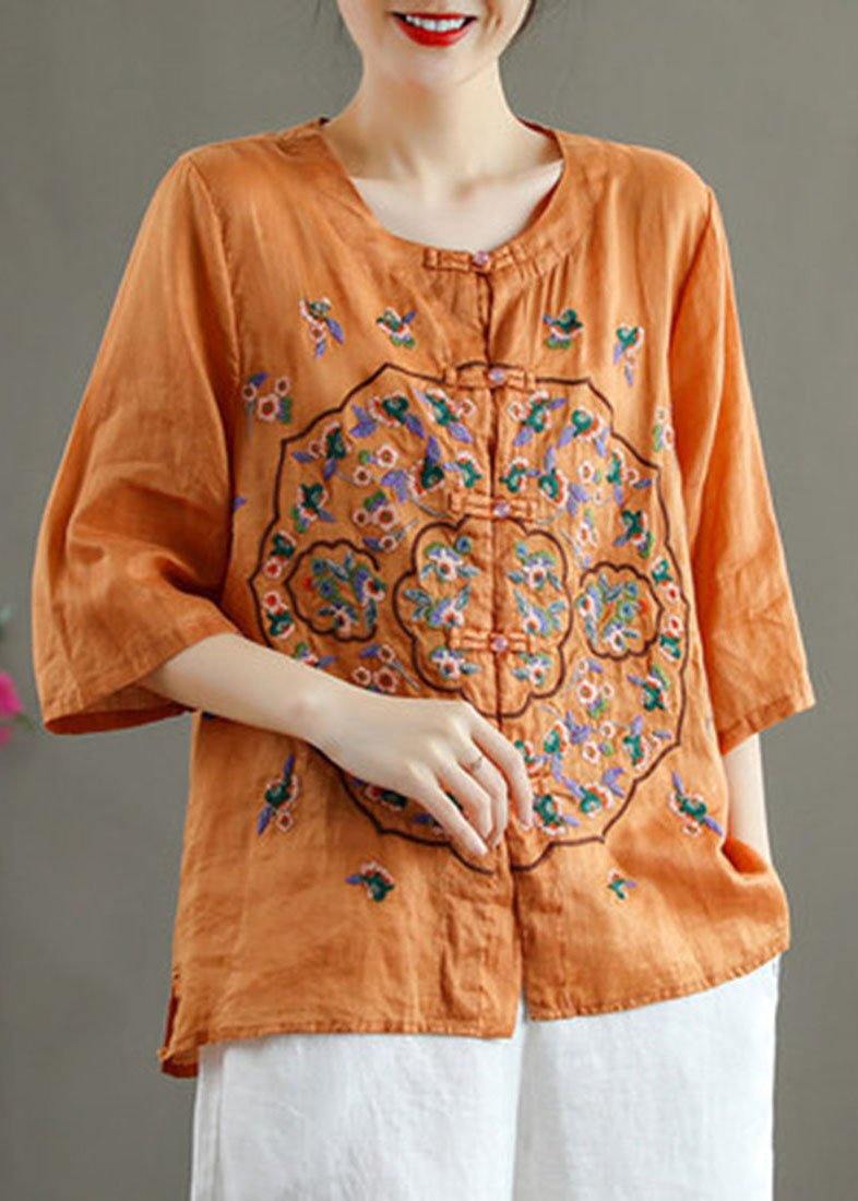 Orange Embroideried Oriental Ramie Top Summer
