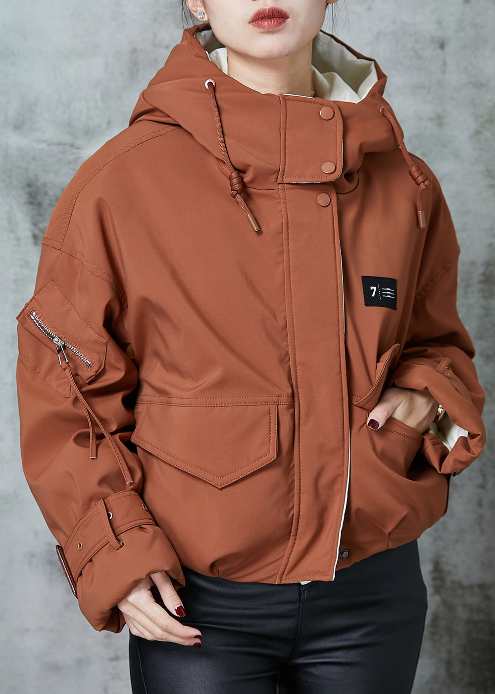 Orange Hooded Pockets Duck Down Jacket in Winter