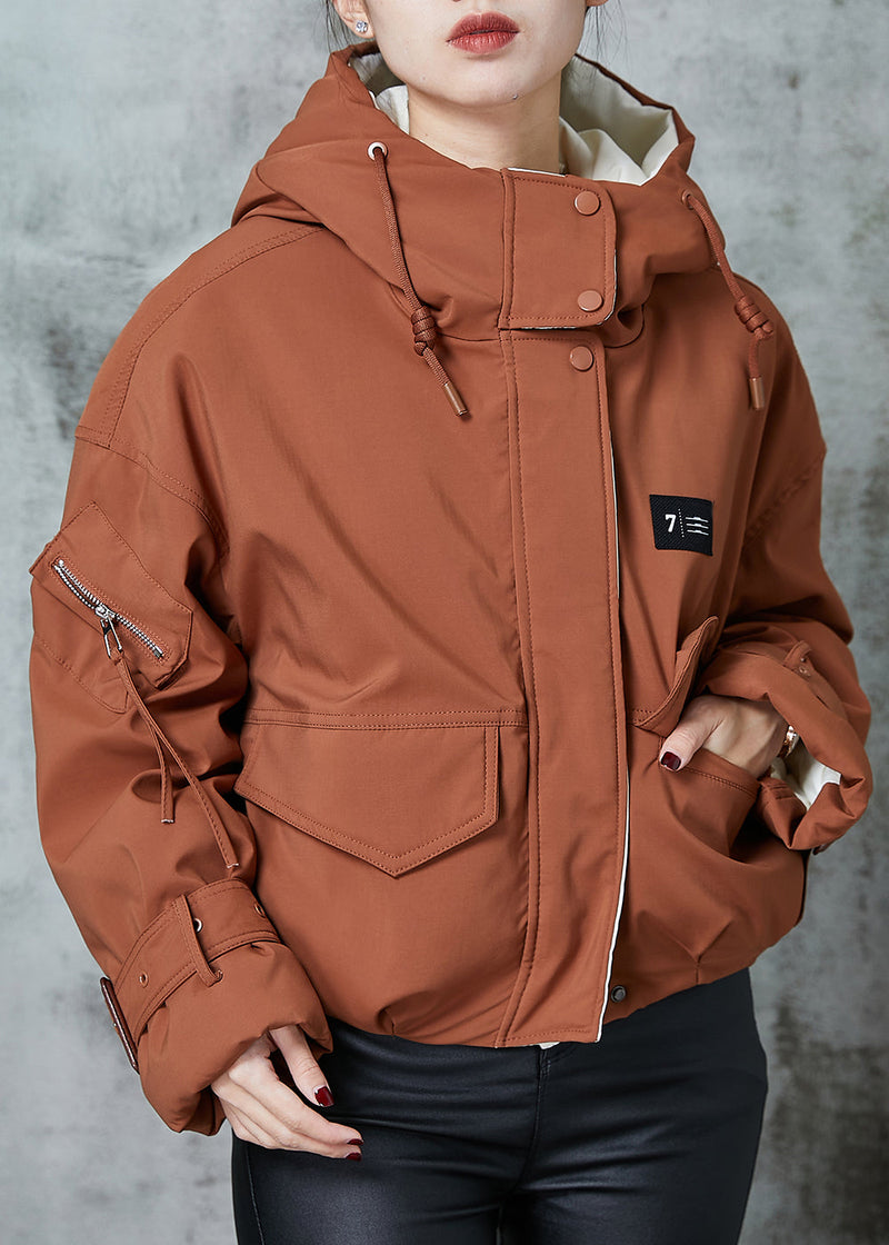 Orange Hooded Pockets Duck Down Jacket in Winter