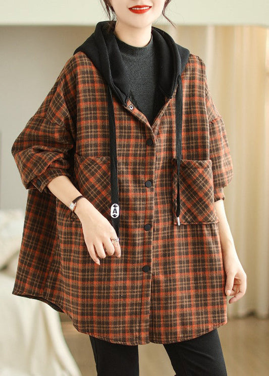 Orange Hooded Pockets Plaid Warm Fleece Jacket Winter
