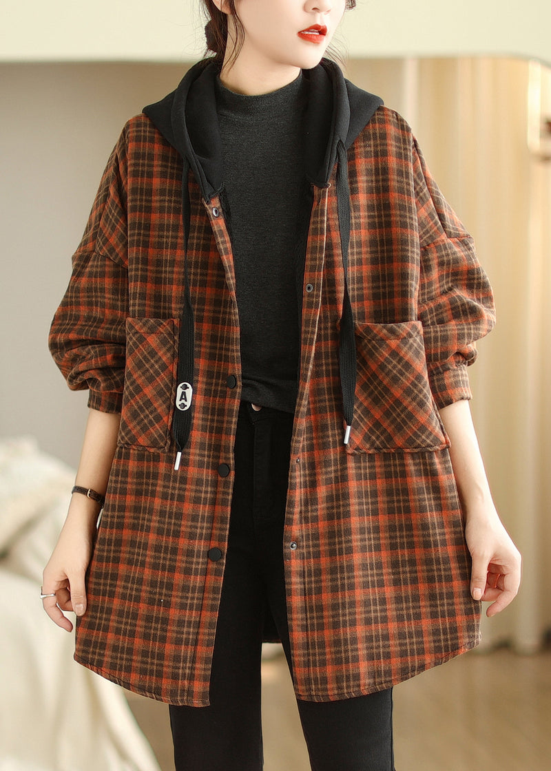 Orange Hooded Pockets Plaid Warm Fleece Jacket Winter