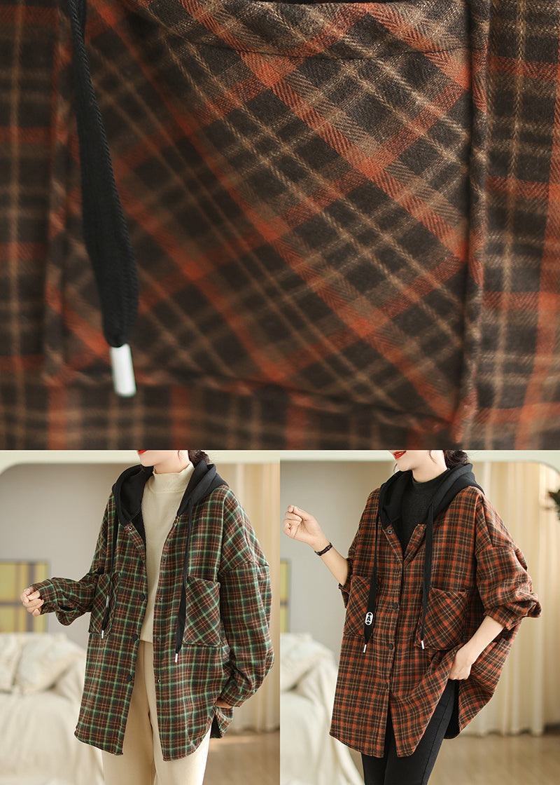Orange Hooded Pockets Plaid Warm Fleece Jacket Winter