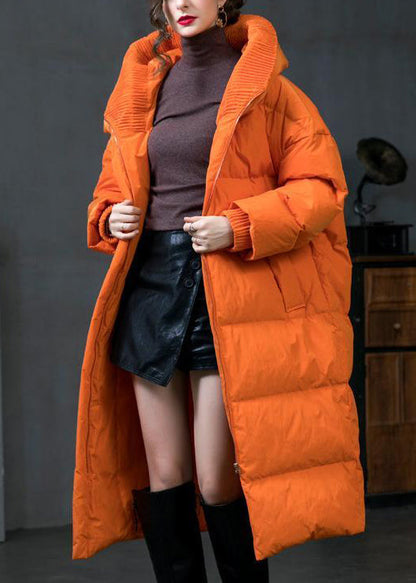 Orange Hooded Zip Up Duck Down Down Coat Long Sleeve