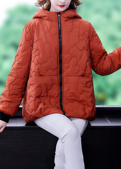 Orange Hooded Zippered Fine Cotton Filled Winter Coats