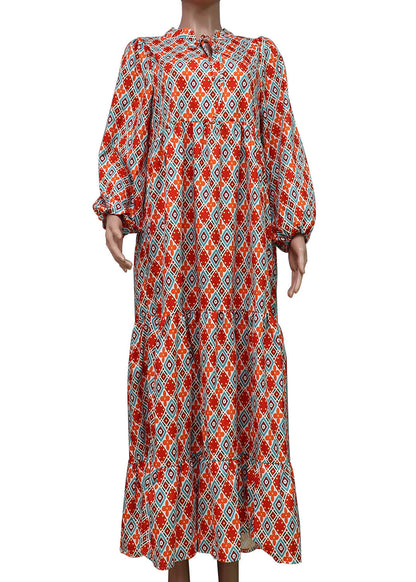 Orange Lace Up Patchwork Print Exra Large Hem Long Dresses Lantern Sleeve