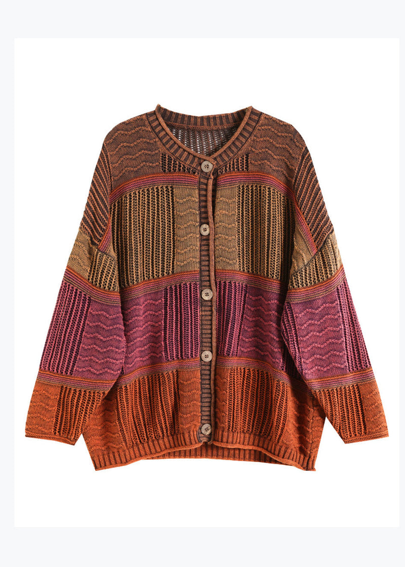 Orange O Neck Button Patchwork Knit Cardigans Spring