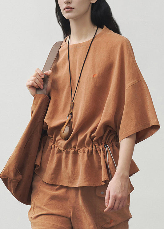 Orange O Neck Drawstring Cotton T Shirt Summer