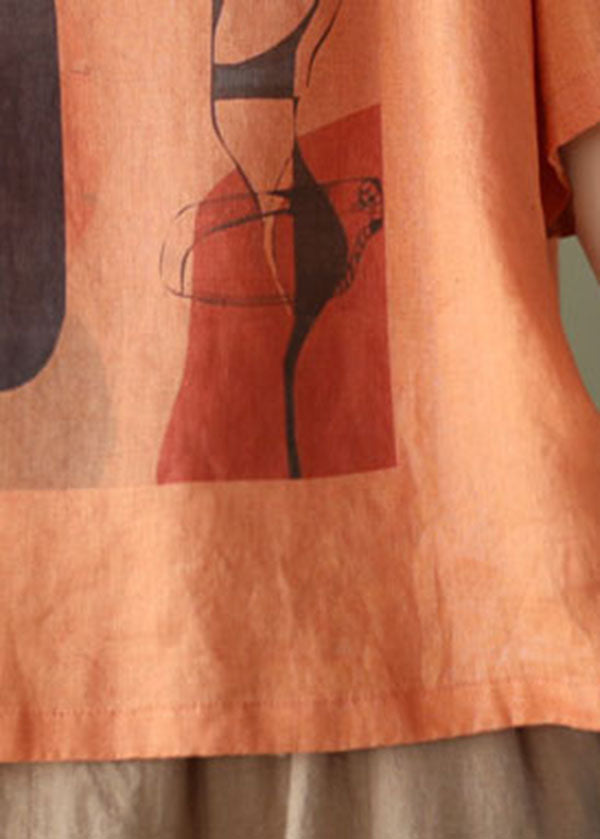 Orange O-neck Patchwork Linen Top Short Sleeve
