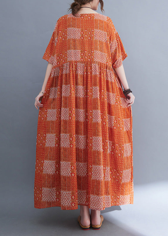 Orange O-neck Patchwork Wrinkled Party Maxi Dress Summer