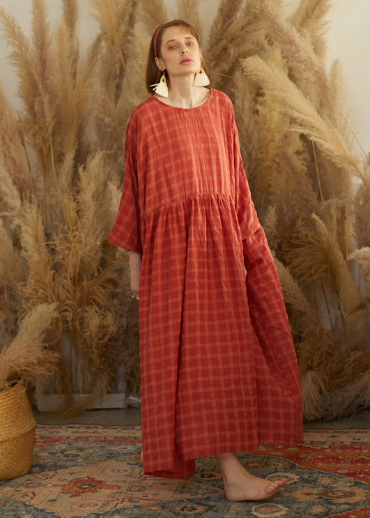 Orange O Neck Plaid Wrinkled Patchwork Cotton Maxi Dresses Fall