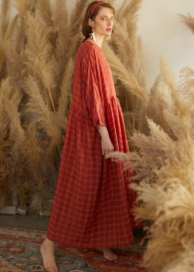 Orange O Neck Plaid Wrinkled Patchwork Cotton Maxi Dresses Fall