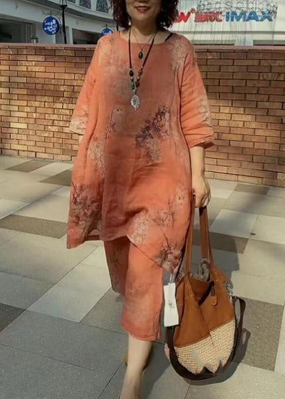 Orange O-neck Print Linen Tops and Harem Pants Two-piece Set Summer