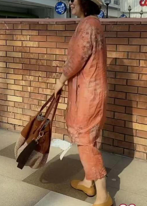 Orange O-neck Print Linen Tops and Harem Pants Two-piece Set Summer