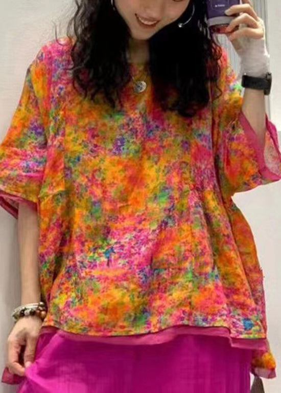 Orange O Neck Print Patchwork Linen Blouse Tops Summer