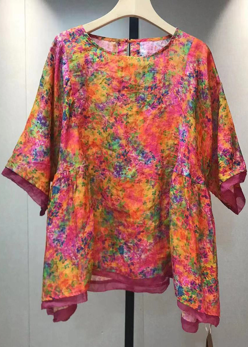 Orange O Neck Print Patchwork Linen Blouse Tops Summer
