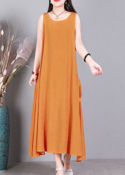 Orange O-neck Color Linen Long Dress Sleeveless