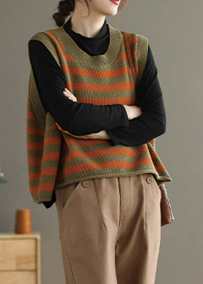 Orange O-neck Striped Knit Beach Vest Sleeveless