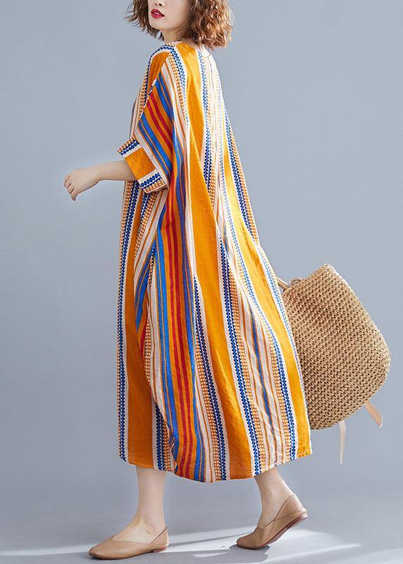 Orange O-neck Striped Summer Cotton Maxi Dresses