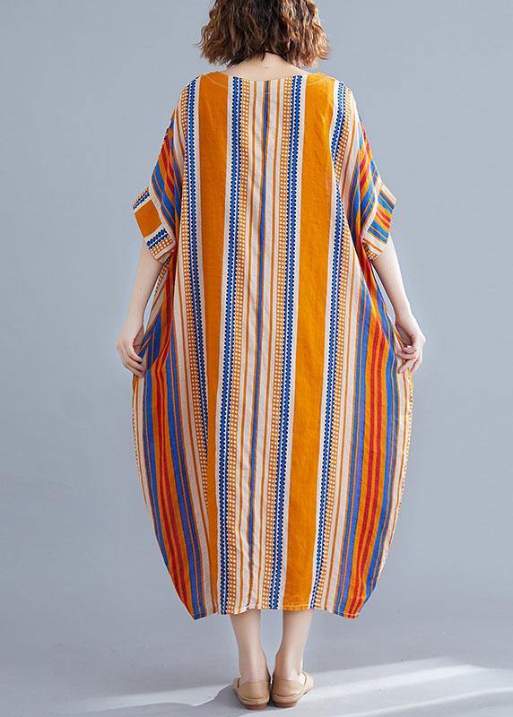 Orange O-neck Striped Summer Cotton Maxi Dresses