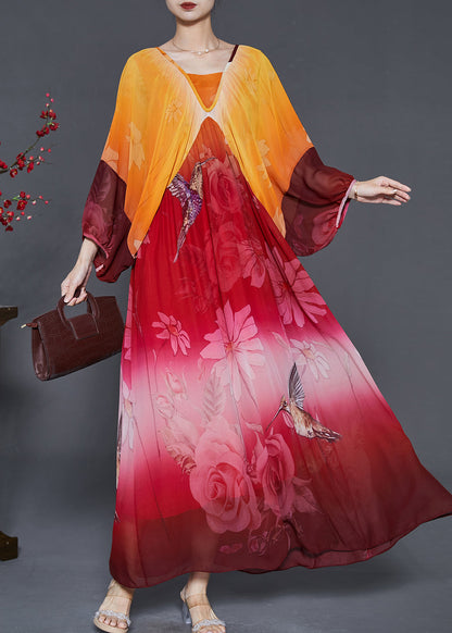 Orange Oversized Print Chiffon Holiday Dress Summer