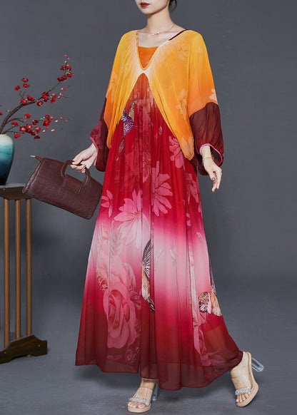 Orange Oversized Print Chiffon Holiday Dress Summer