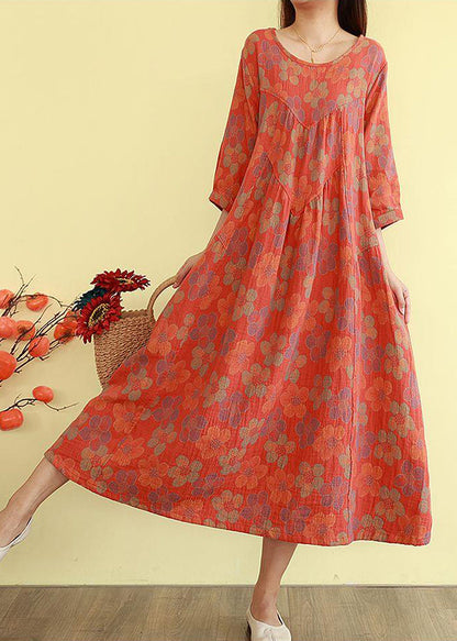 Orange Oversized Print Cotton Long Dress Bracelet Sleeve